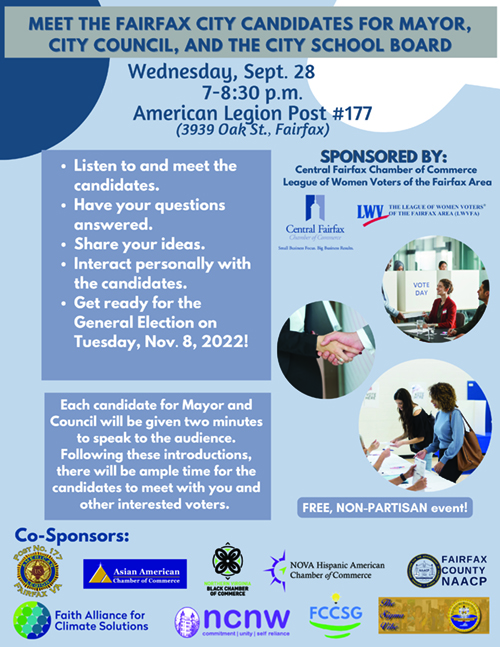 Fairfax City candidate meet and greet flyer sept 2022 for Mayor City Council School Board candidates