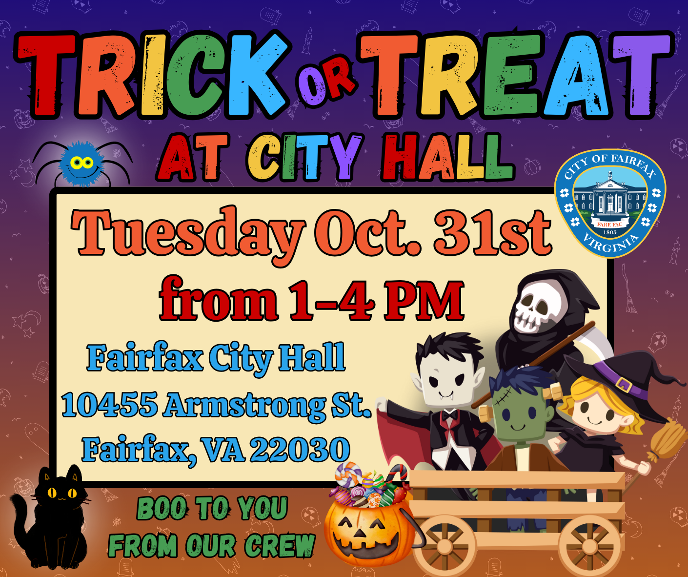 Trick or treat at Fairfax City Hall from 1-4 p.m. Oct. 31