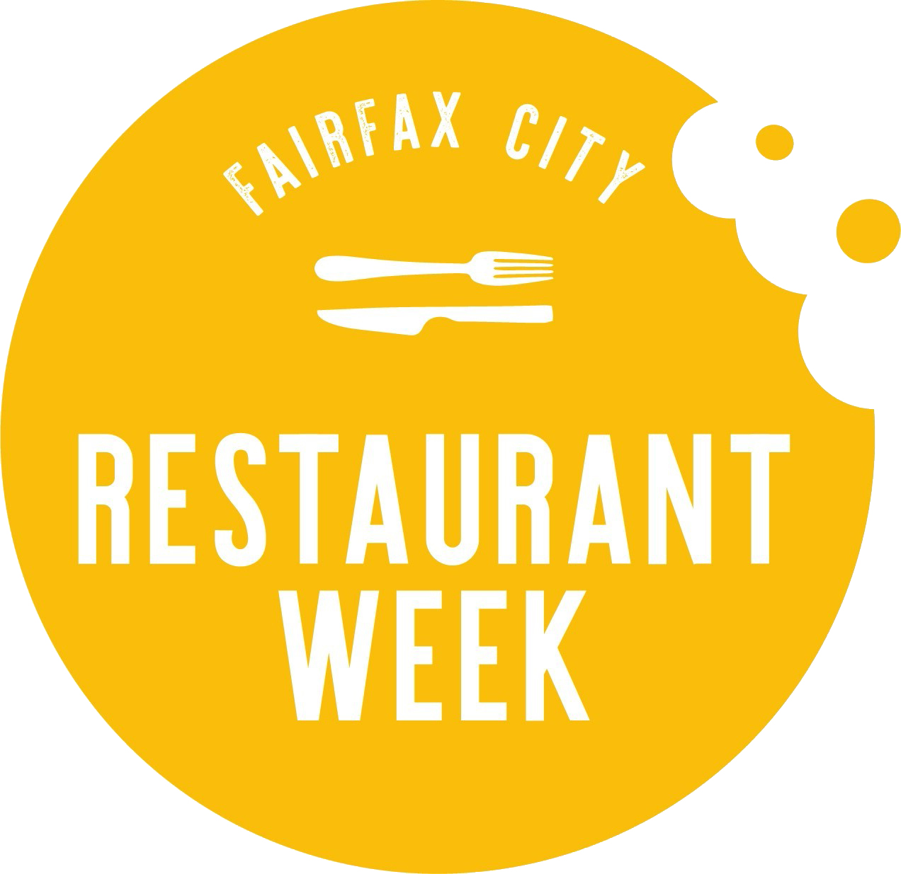 round yellow sphere with white words Fairfax City Restaurant Week and a white fork and knife
