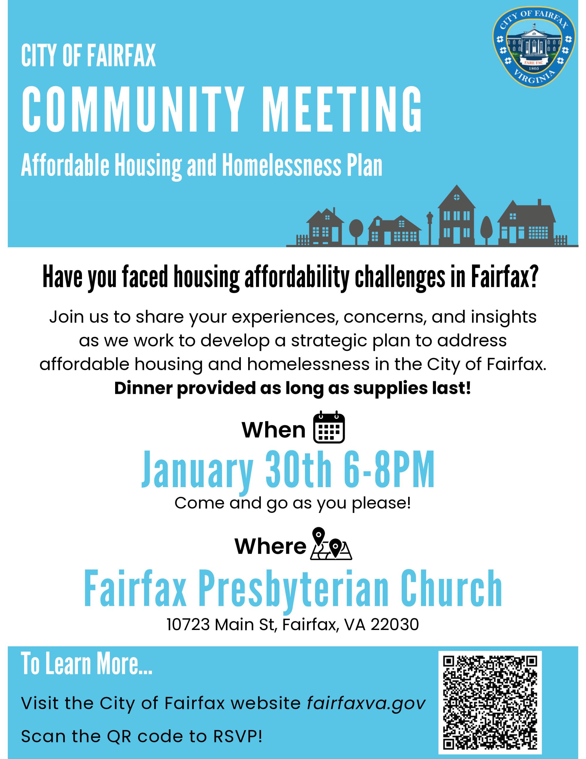 Flyer: Community Meeting Affordable Housing and Homelessness Plan